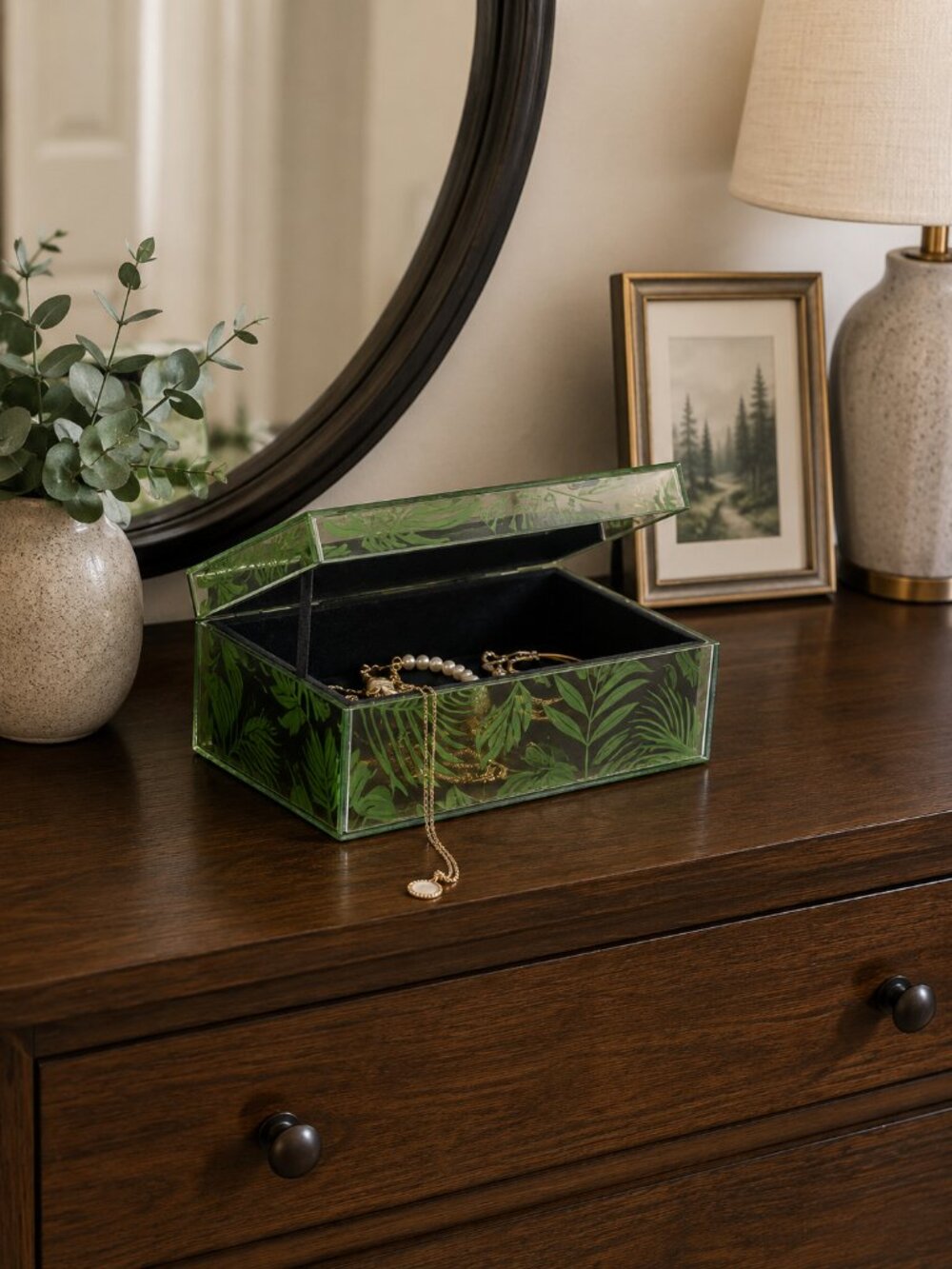 Mirrored Green Leaf Jewelry Box - Picture 2 of 4